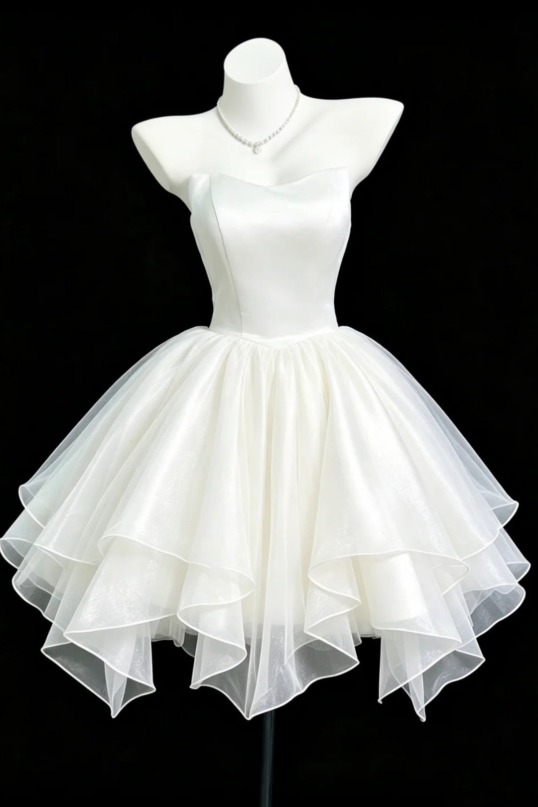 Strapless White Satin Short Dress With Ruffled Tulle Skirt F0361