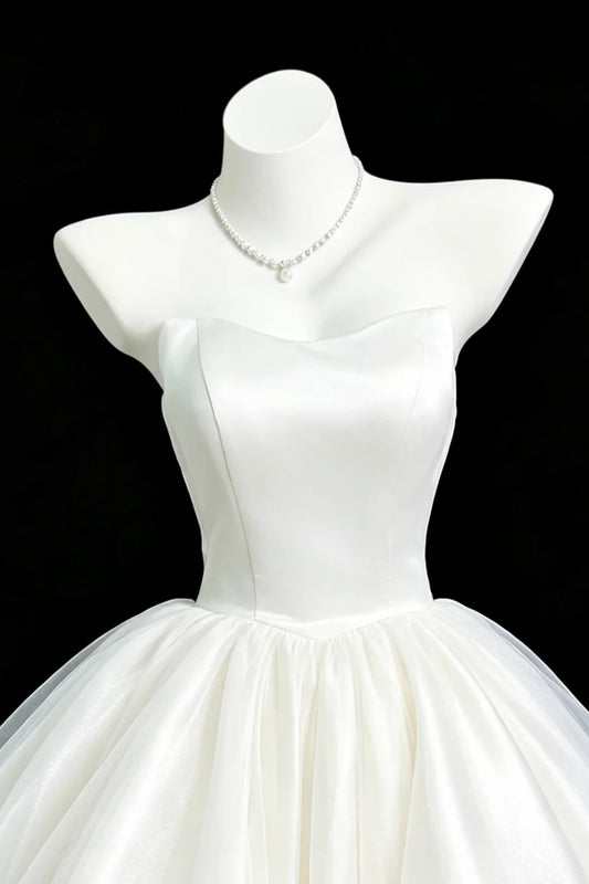 Strapless White Satin Short Dress With Ruffled Tulle Skirt F0361
