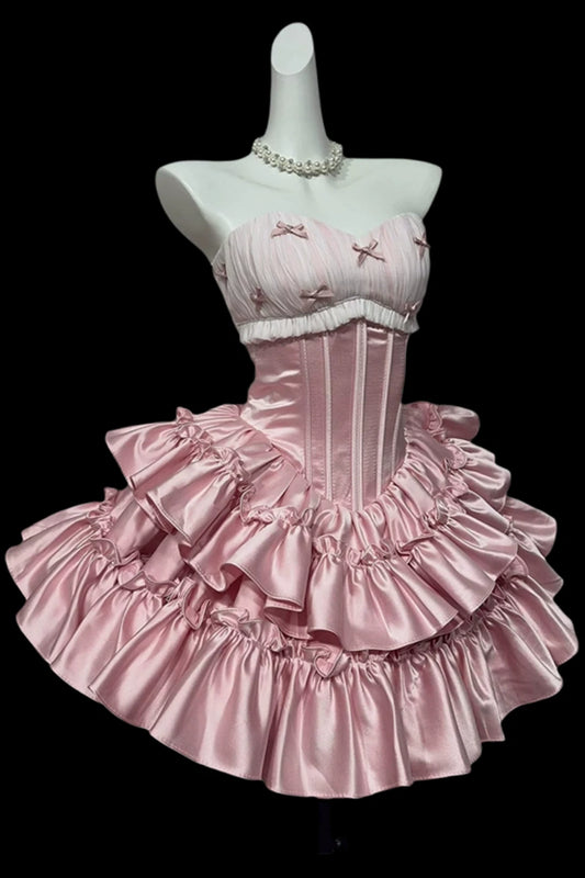 Strapless Ruffled Satin Mini Homecoming Dress With Tiny Bows F0312