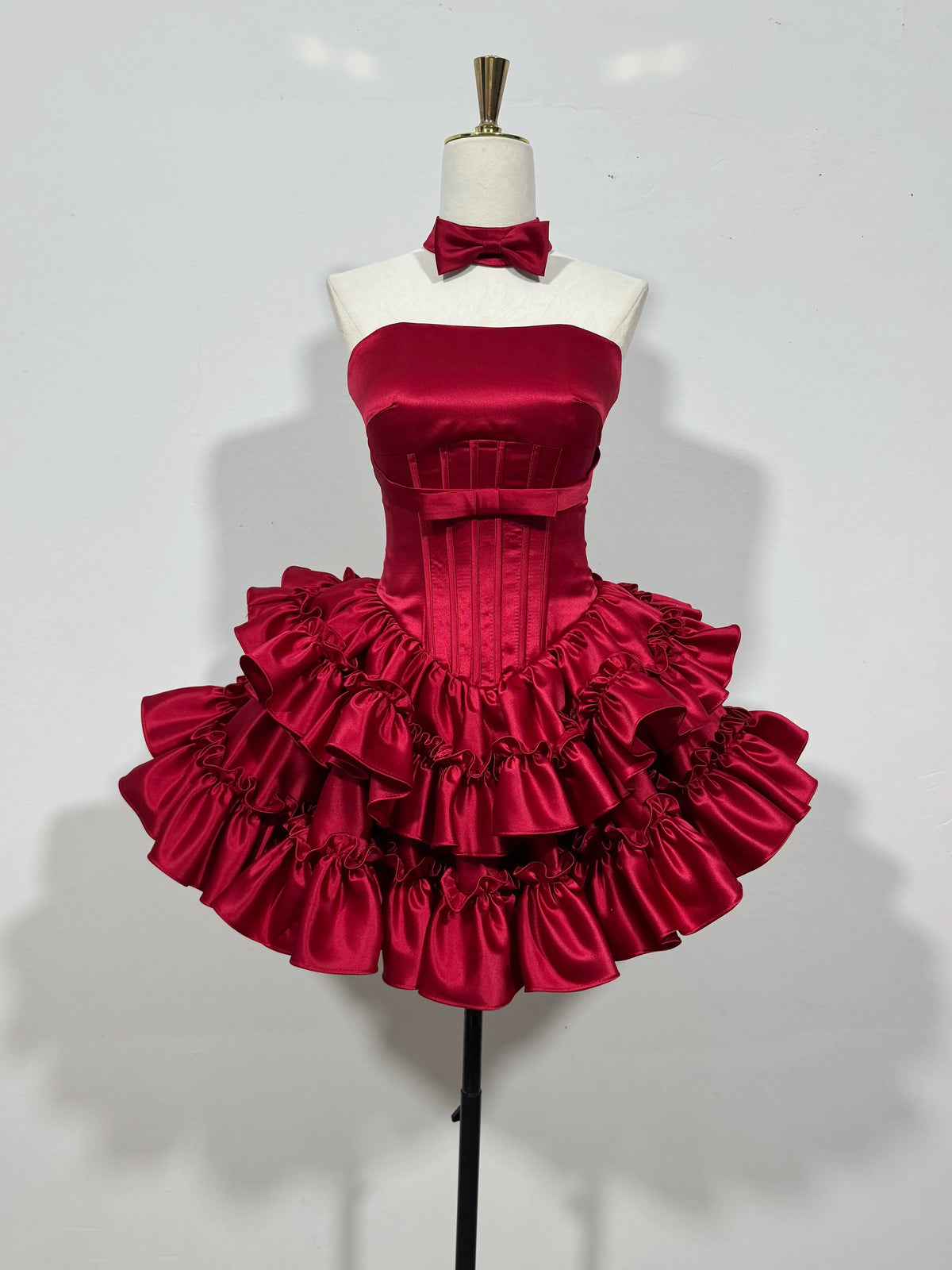 Strapless Satin Ruffled Mini Homecoming Dress With Waist Bow F0313