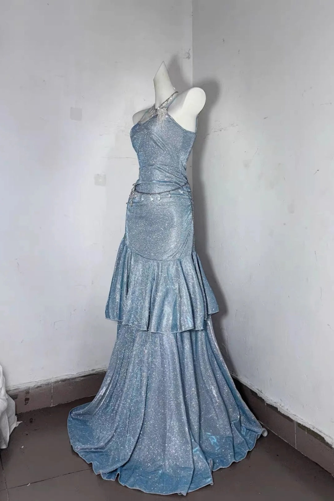 Light Blue Glitter Spaghetti Strap Tiered Mermaid Long Prom Dress F0282