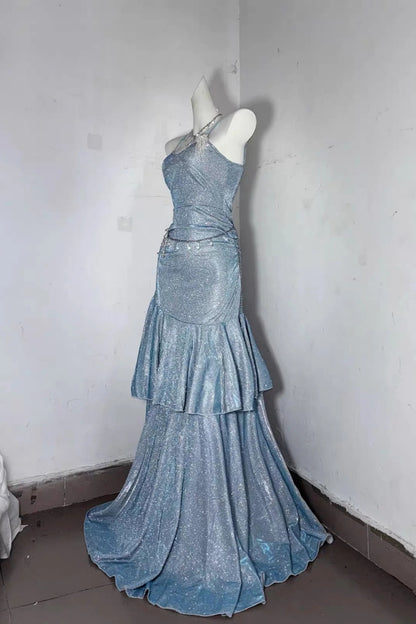 Light Blue Glitter Spaghetti Strap Tiered Mermaid Long Prom Dress F0282