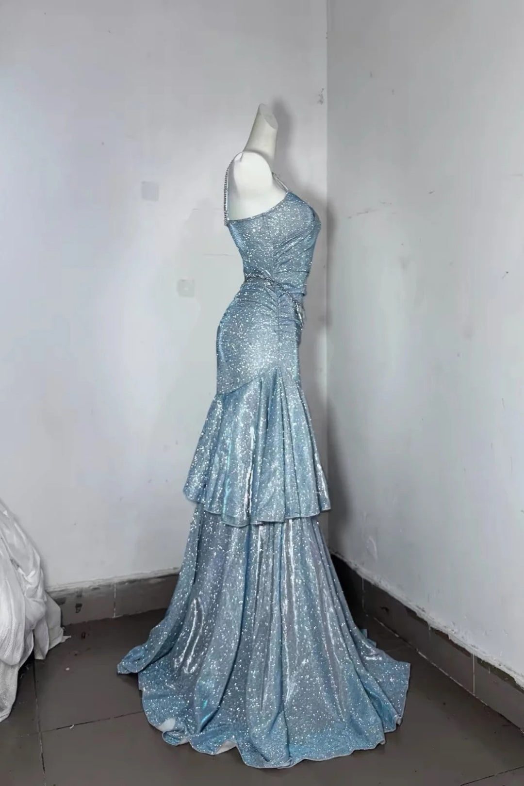 Light Blue Glitter Spaghetti Strap Tiered Mermaid Long Prom Dress F0282