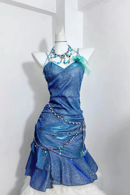 Sparkly Royal Blue Spaghetti Strap Midi Homecoming Dress F0279