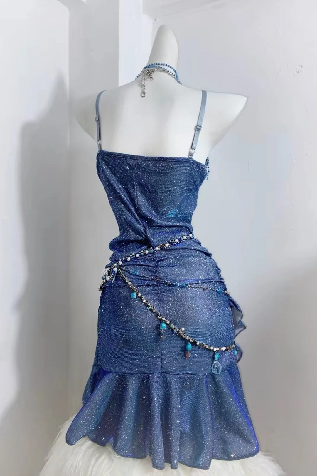 Sparkly Royal Blue Spaghetti Strap Midi Homecoming Dress F0279