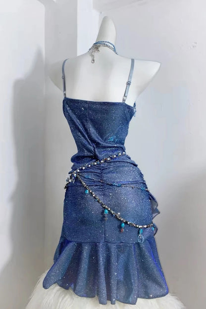 Sparkly Royal Blue Spaghetti Strap Midi Homecoming Dress F0279
