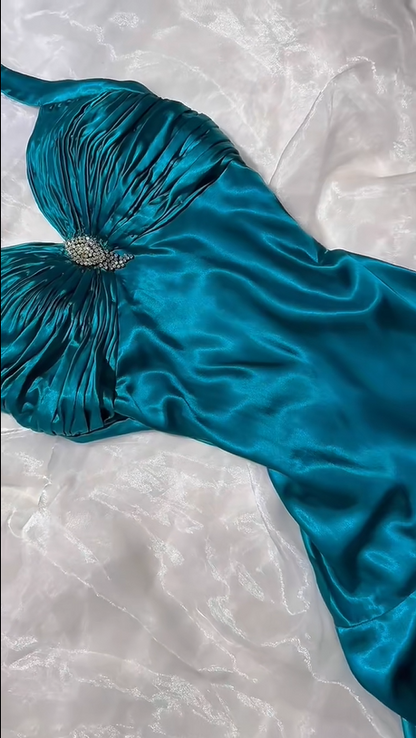 Teal Satin Halter A Line Evening Dress F0398