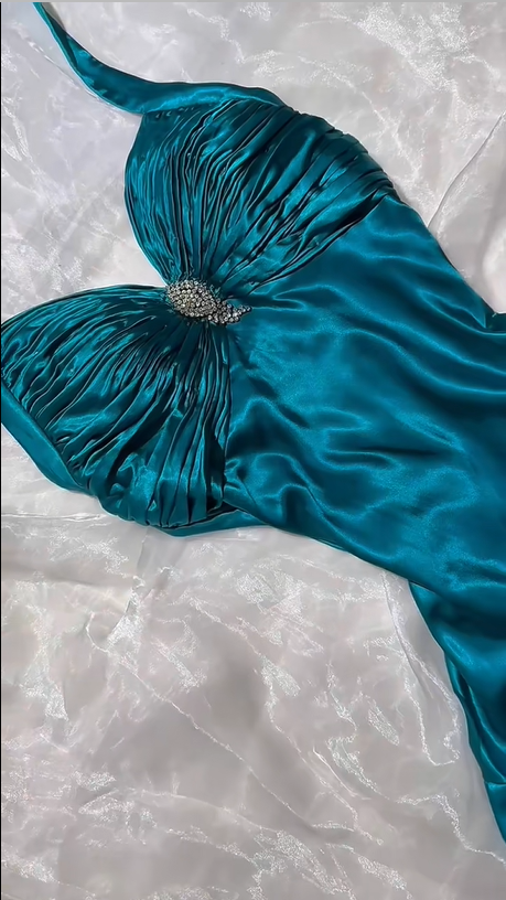Teal Satin Halter A Line Evening Dress F0398