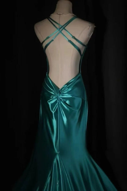 Teal Satin Mermaid Long Dress Crisscross Back V Neck F0366