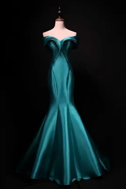 Teal Satin Off Shoulder Mermaid Long Evening Dress F0521