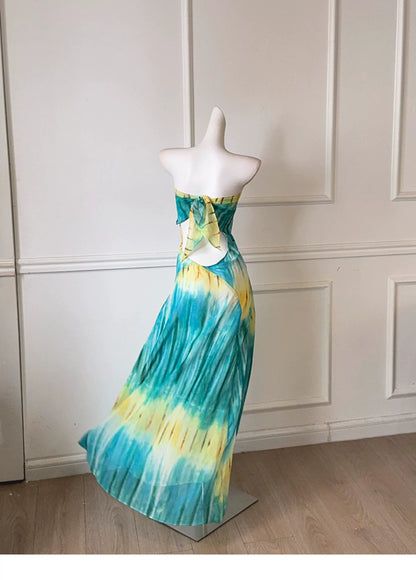Tie Dye Halter Backless Vacation Beach Maxi Dress F0490