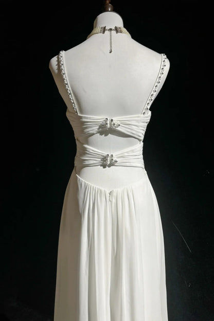 V-Neck Chiffon Wedding Gown Beaded Spaghetti Strap Cutout Back Dress F0382