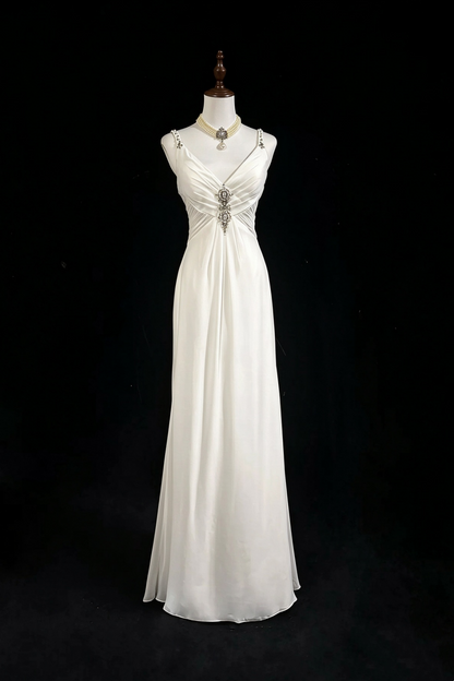 V-Neck Chiffon Wedding Gown Beaded Spaghetti Strap Cutout Back Dress F0382