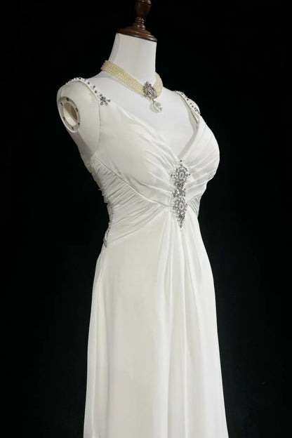 V-Neck Chiffon Wedding Gown Beaded Spaghetti Strap Cutout Back Dress F0382