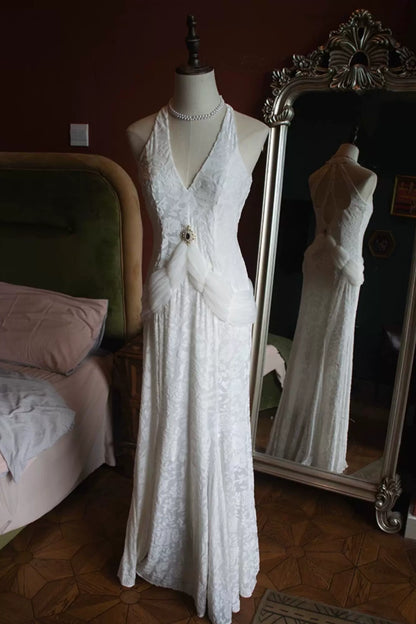 Vintage Halter V Neck Formal Dress, Burnout Velvet Mermaid Evening Dress L015