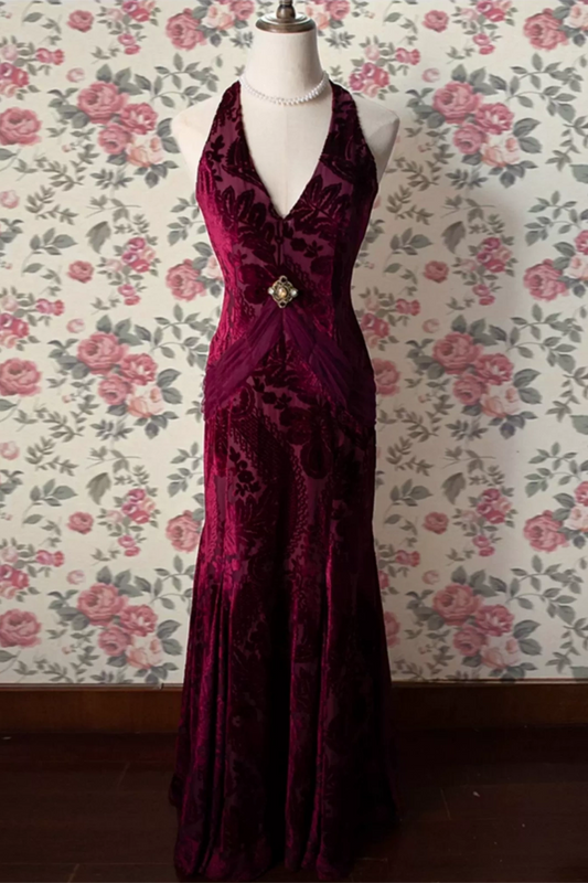 Beautiful Vintage-Style Burgundy Velvet Long Evening Gown L016
