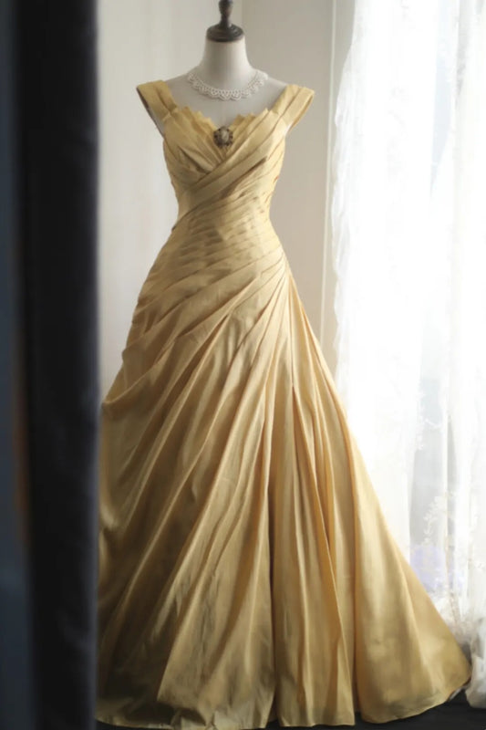 Vintage Gold Satin A-Line Gown Cap Sleeve Pleated Formal Dress F0380