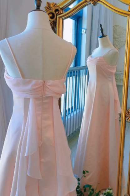 Warm Pink Spaghetti Strap A Line Bridesmaid Formal Dress L026