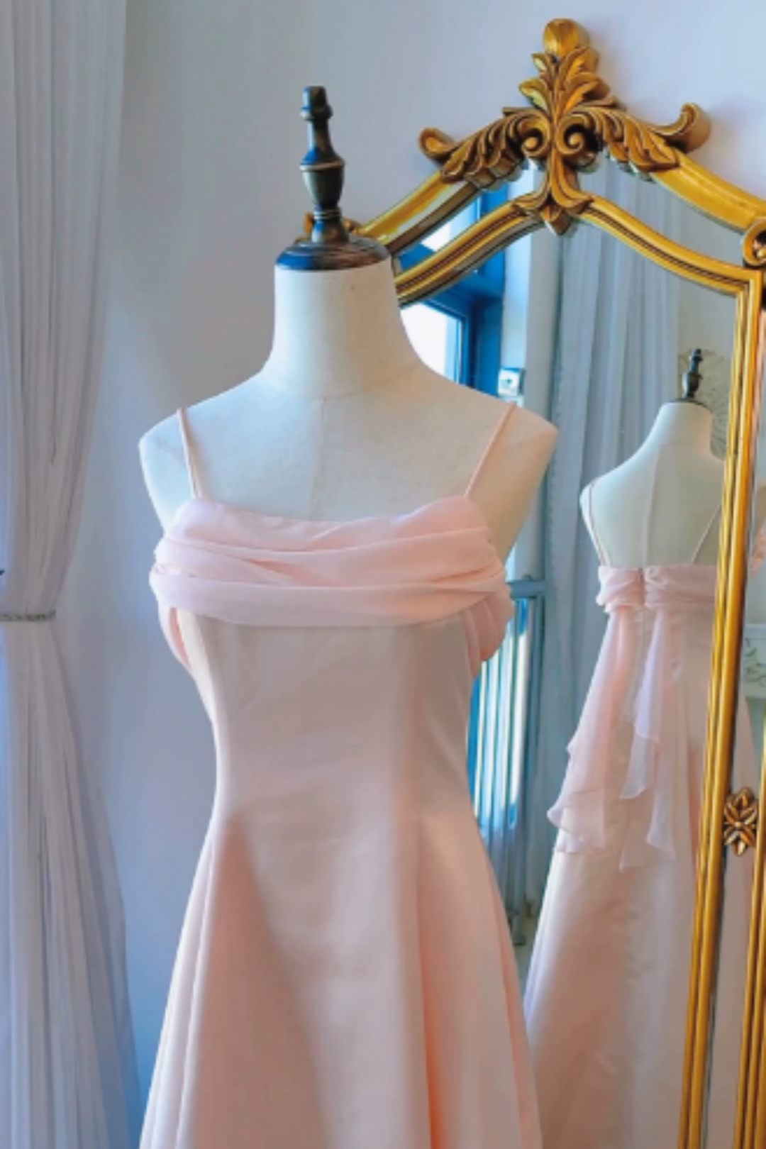 Warm Pink Spaghetti Strap A Line Bridesmaid Formal Dress L026