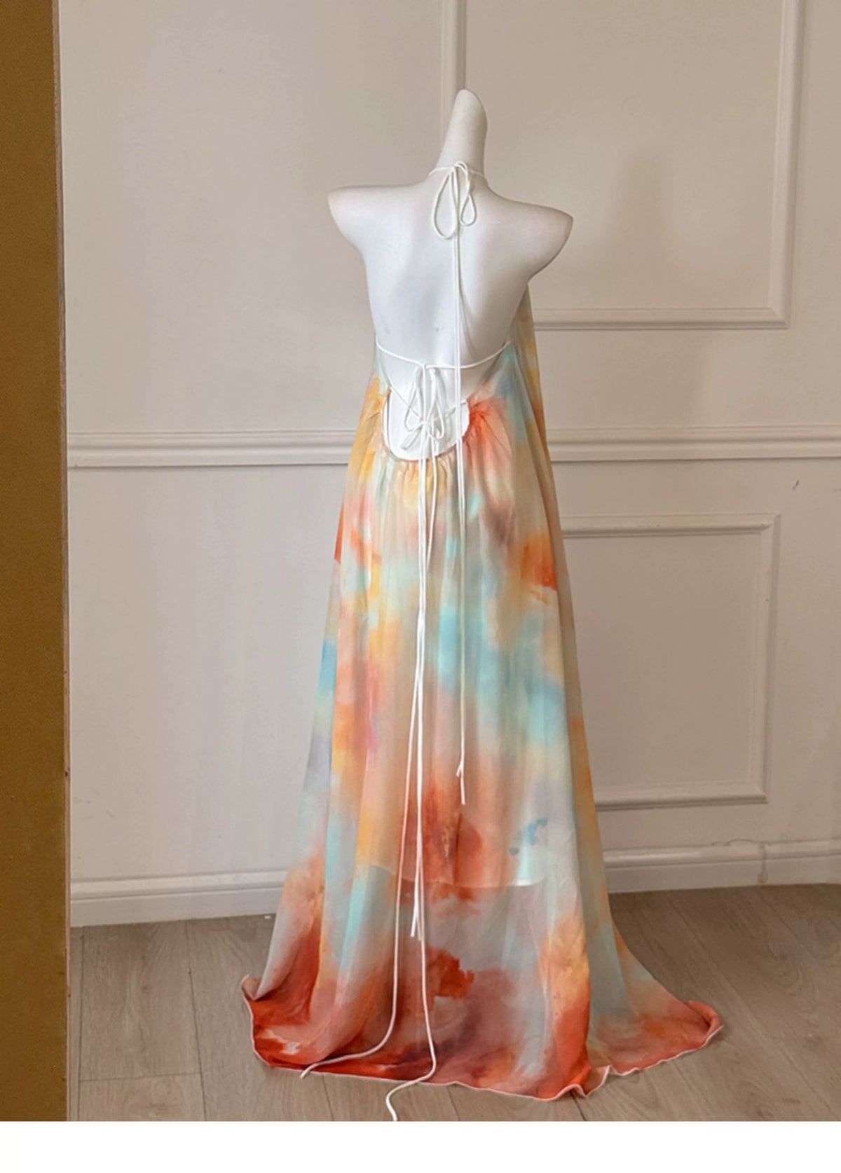 Watercolor Halter Open Back Flowy Maxi Formal Dress F0469