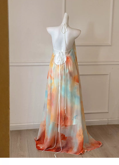 Watercolor Halter Open Back Flowy Maxi Formal Dress F0469