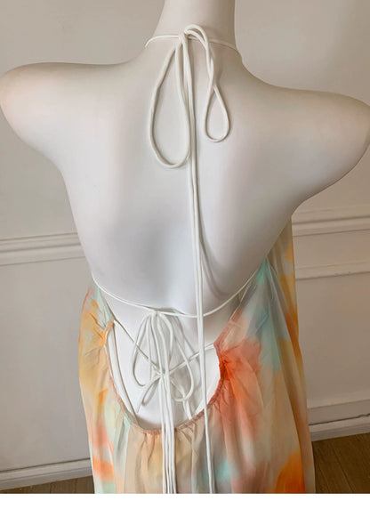 Watercolor Halter Open Back Flowy Maxi Formal Dress F0469