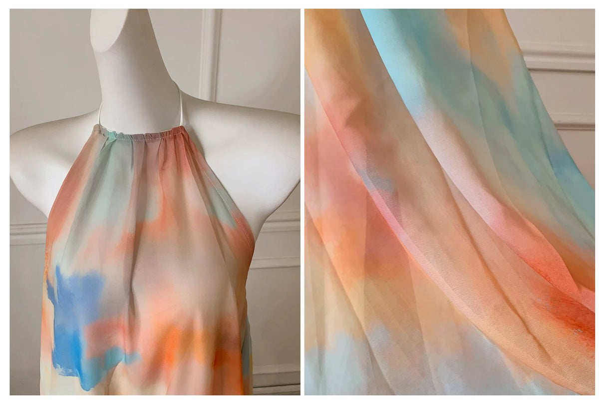 Watercolor Halter Open Back Flowy Maxi Formal Dress F0469