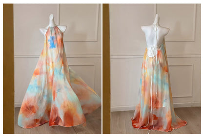 Watercolor Halter Open Back Flowy Maxi Formal Dress F0469