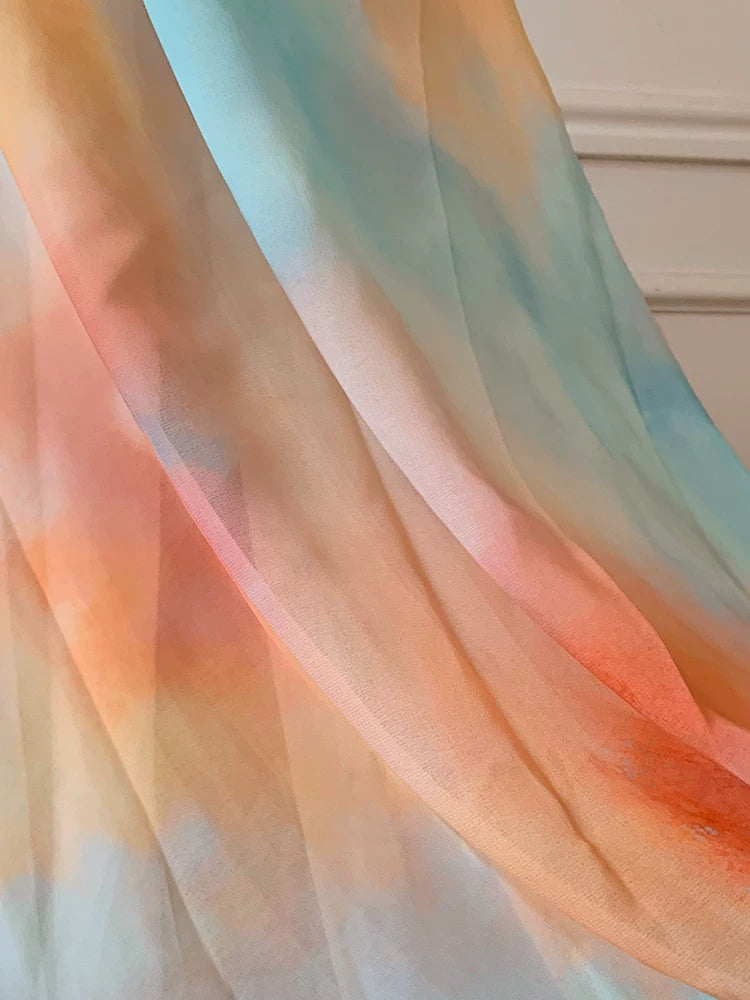 Watercolor Halter Open Back Flowy Maxi Formal Dress F0469