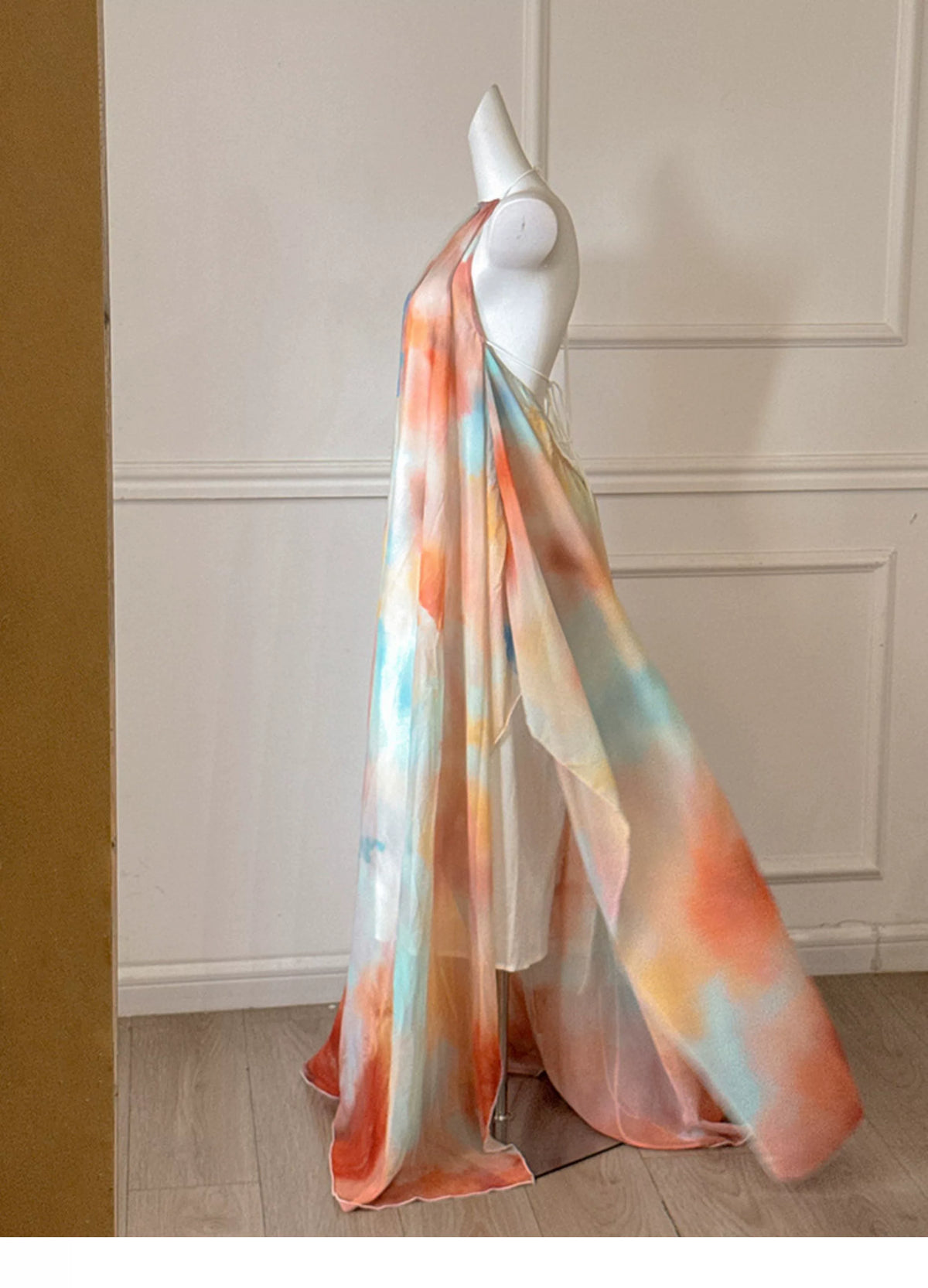 Watercolor Halter Open Back Flowy Maxi Formal Dress F0469