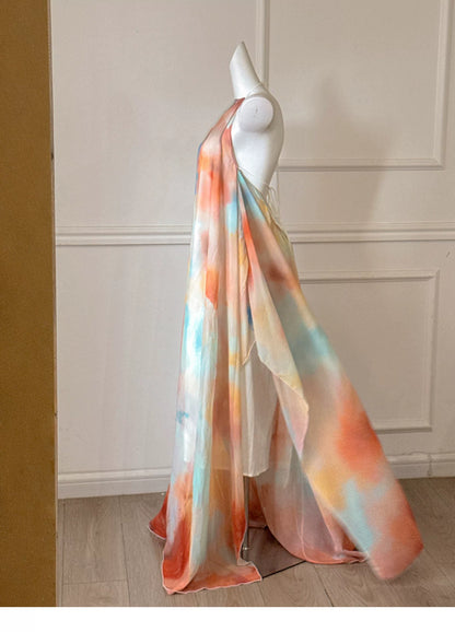 Watercolor Halter Open Back Flowy Maxi Formal Dress F0469