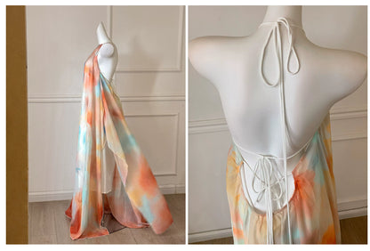 Watercolor Halter Open Back Flowy Maxi Formal Dress F0469