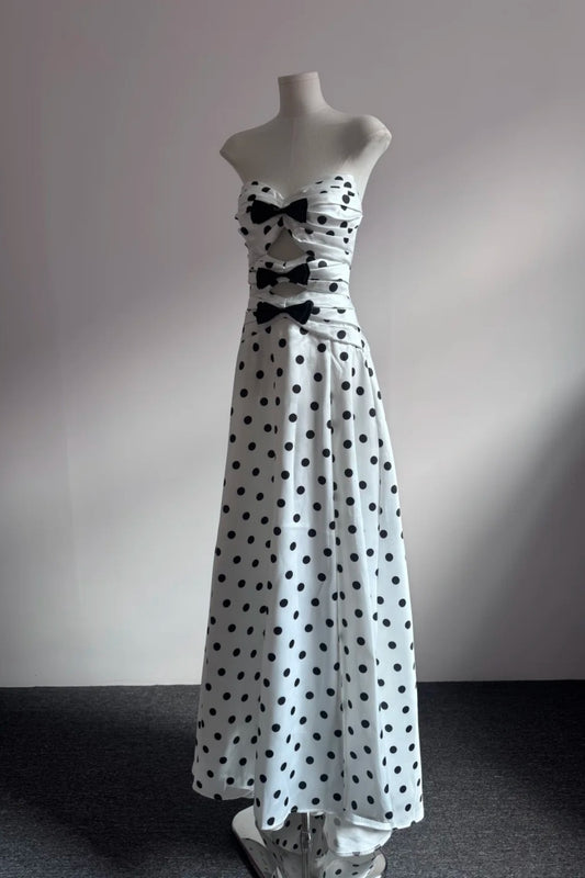 White Black Polka Dot Strapless Cutout Evening Dress With Bows F0527