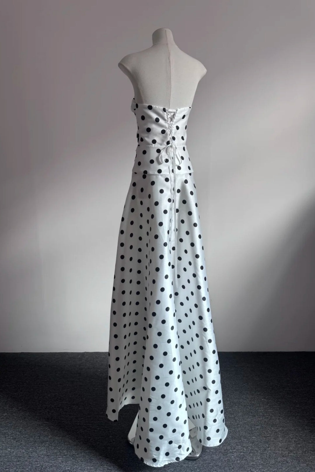 White Black Polka Dot Strapless Cutout Evening Dress With Bows F0527