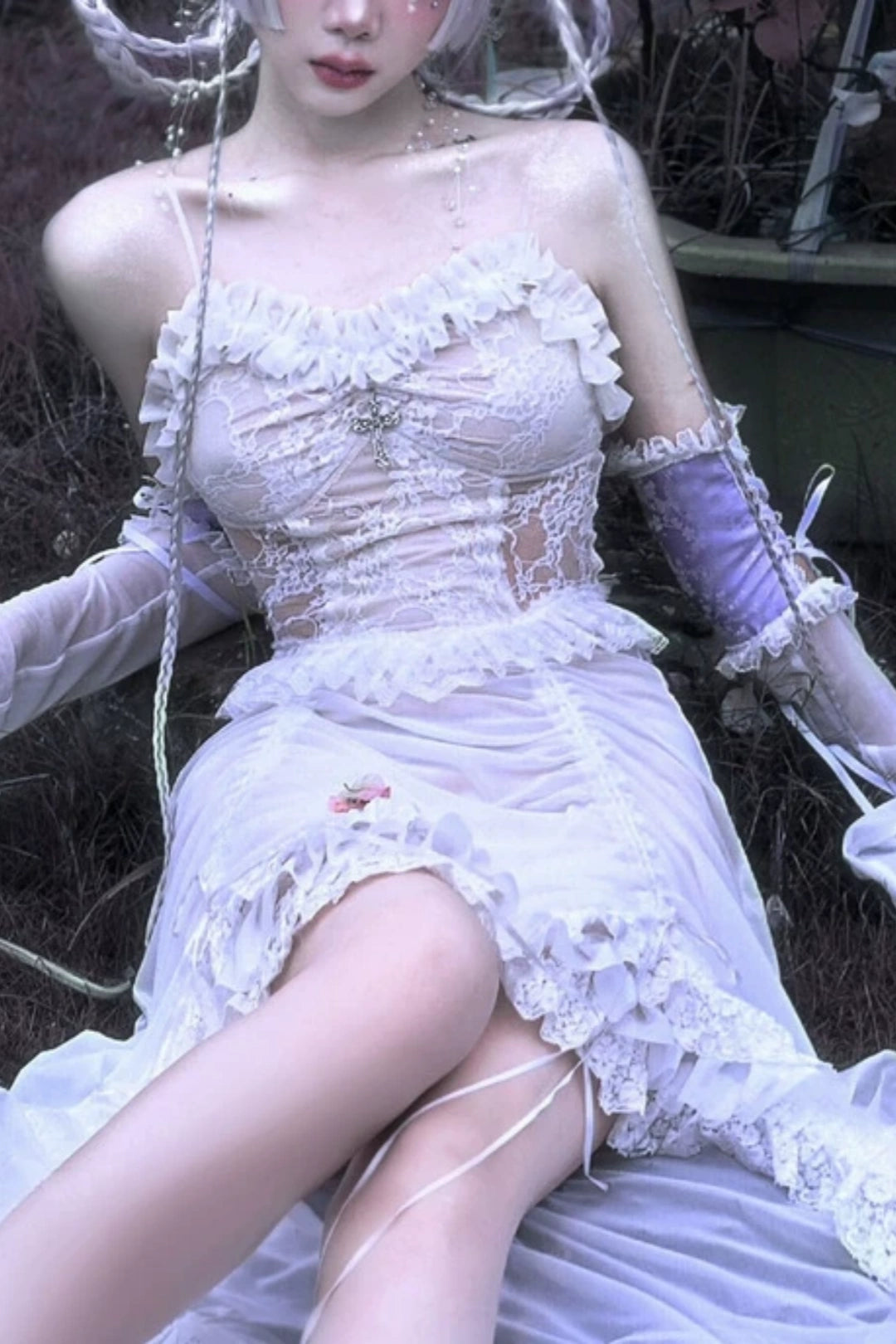 White Gothic Fairy Irregular Halloween Party Dress F0497