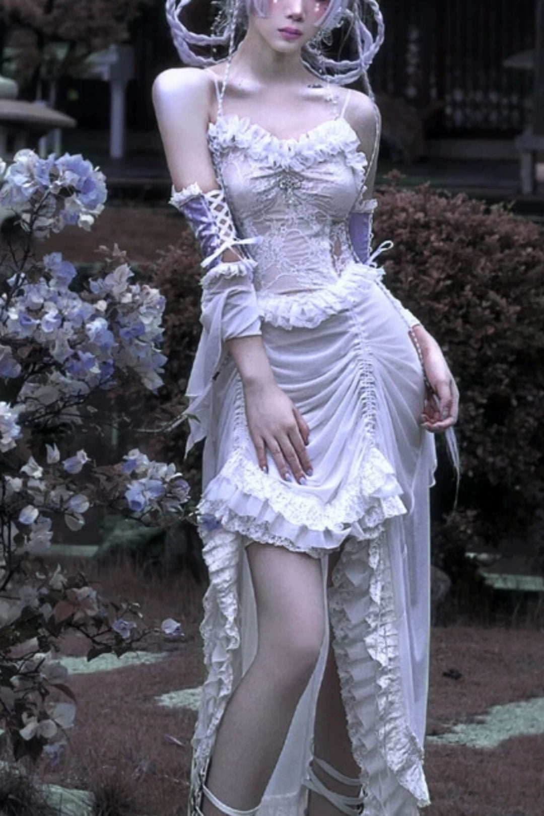 White Gothic Fairy Irregular Halloween Party Dress F0497