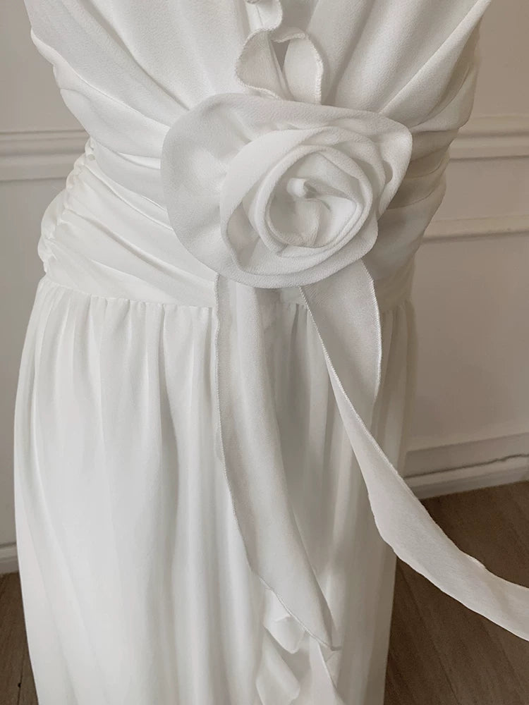 White Halter 3D Flower Chiffon Long Evening Dress F0474