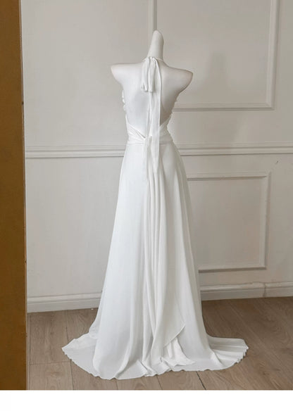 White Halter 3D Flower Chiffon Long Evening Dress F0474