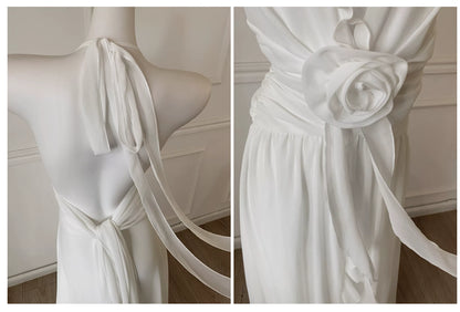 White Halter 3D Flower Chiffon Long Evening Dress F0474