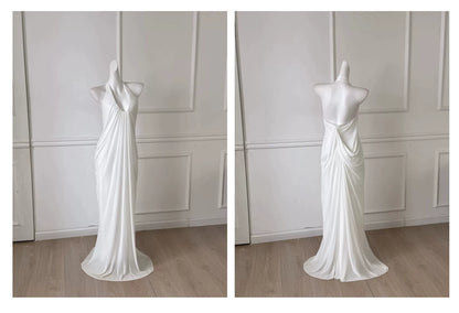 White Halter Deep V Backless Maxi Dress, Formal Evening Dress F0484