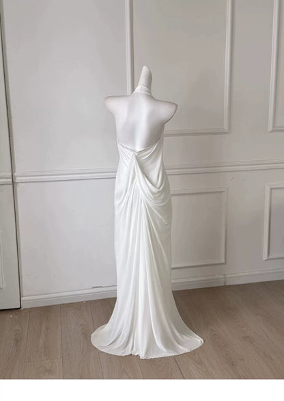 White Halter Deep V Backless Maxi Dress, Formal Evening Dress F0484