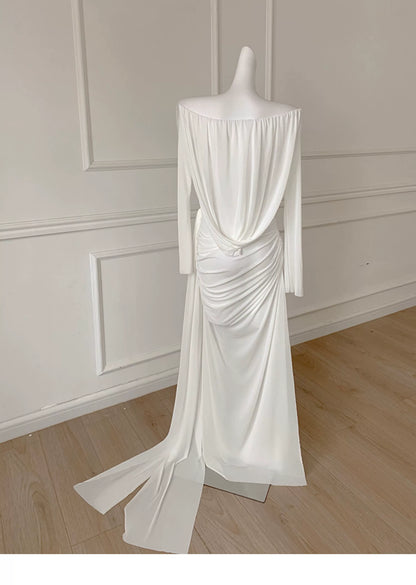 White Off Shoulder Long Sleeve Ruched Evening Dress F0458