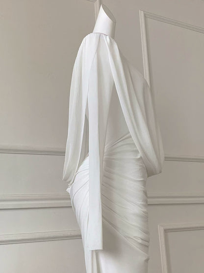 White Off Shoulder Long Sleeve Ruched Evening Dress F0458