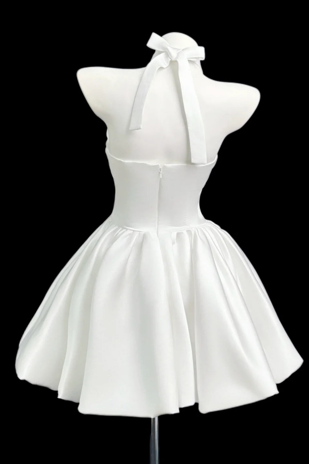 White Satin Halter Short Dress With Front Bow & Keyhole Neck F0364