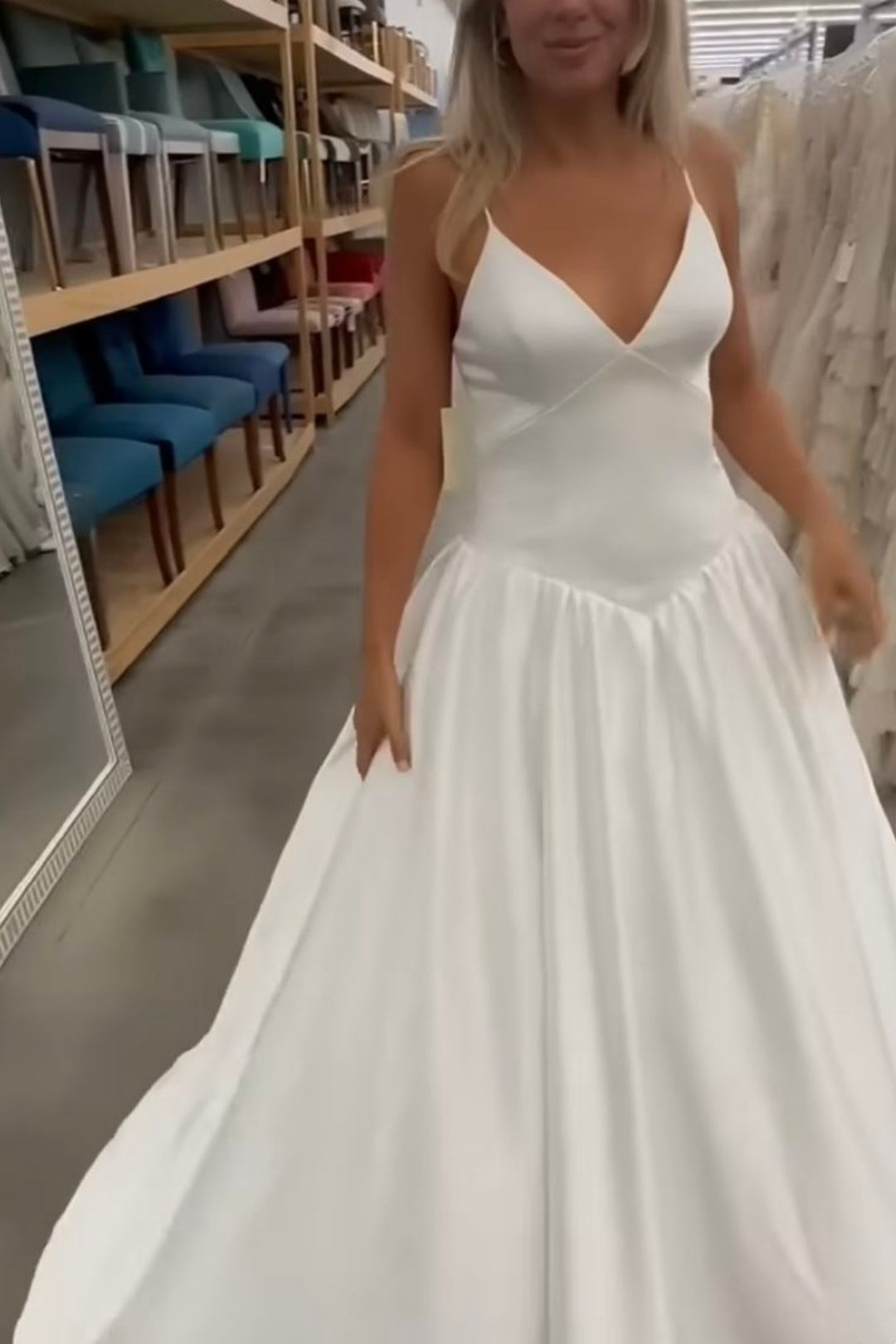 White Satin Spaghetti Strap Wedding Dress F0400