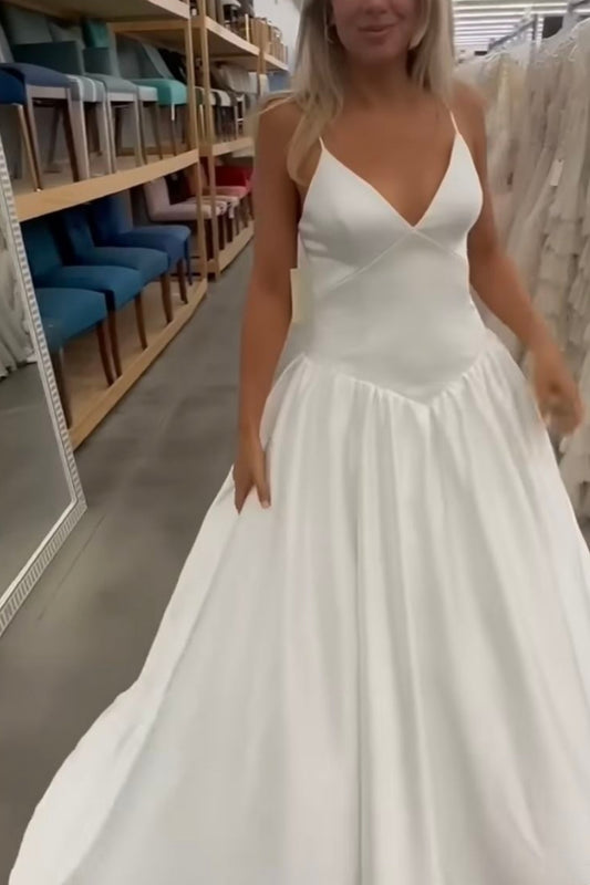 White Satin Spaghetti Strap Wedding Dress F0400