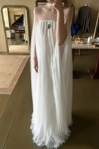White Sheer Mesh Pleated Tulle Loose Evening Dress F0526