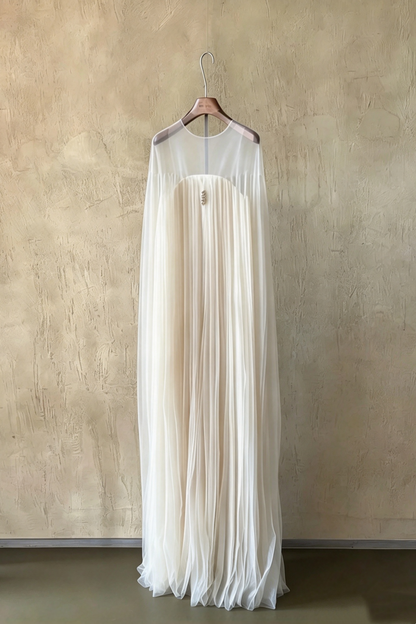 White Sheer Mesh Pleated Tulle Loose Evening Dress F0526