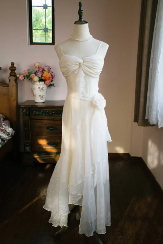 White Spaghetti Strap Chiffon Dress with Twist Bust & 3D Flower L034