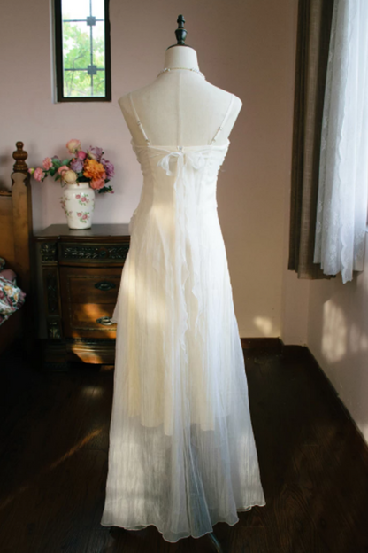 White Spaghetti Strap Chiffon Dress with Twist Bust & 3D Flower L034